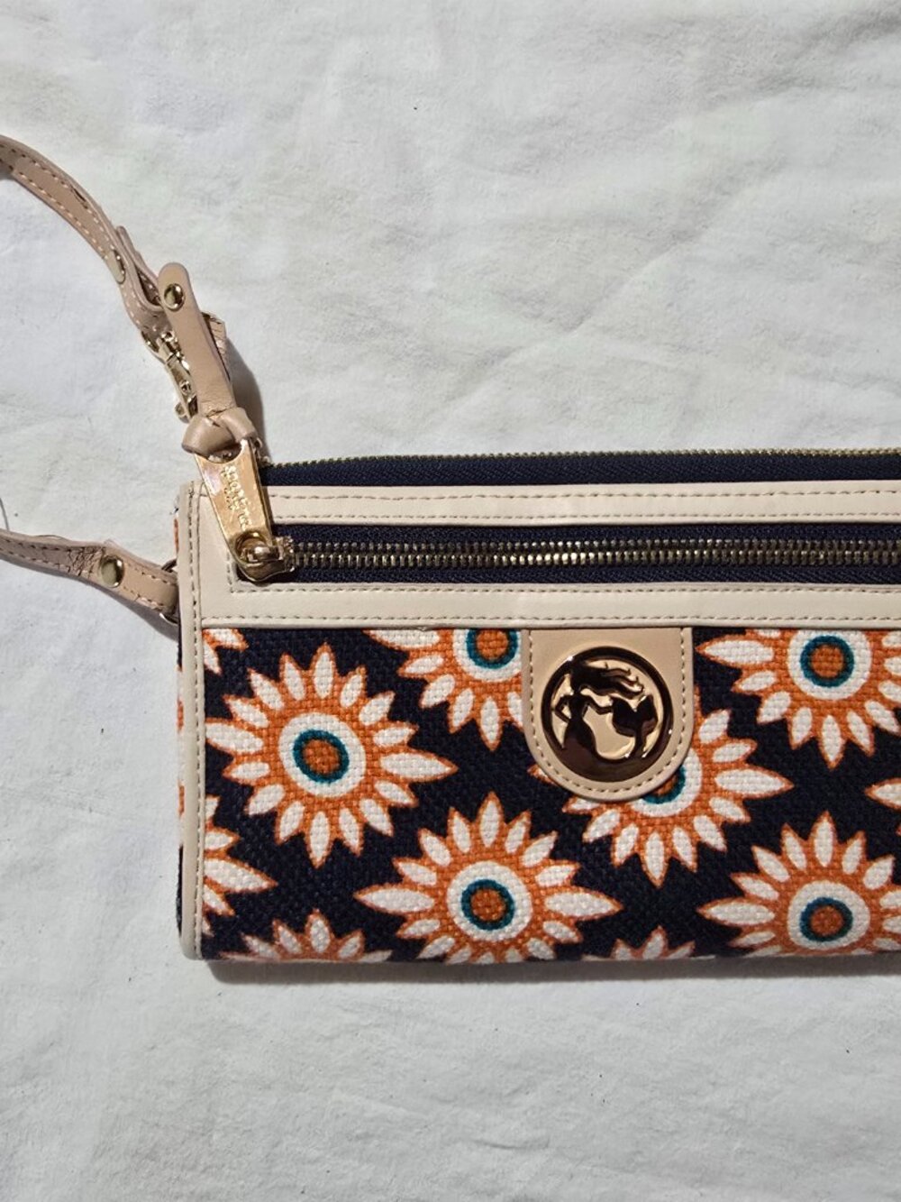 Spartina 449 Sunflower Floral Linen Leather Wristlet Wallet Zip Around Turquoise